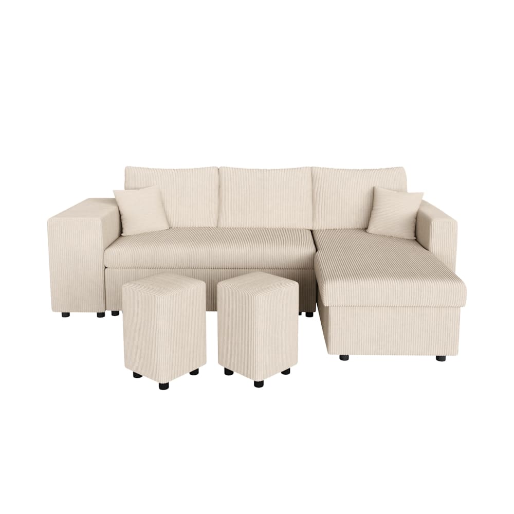 Canapé convertible avec 2 poufs gauche en velours côtelé - Beige