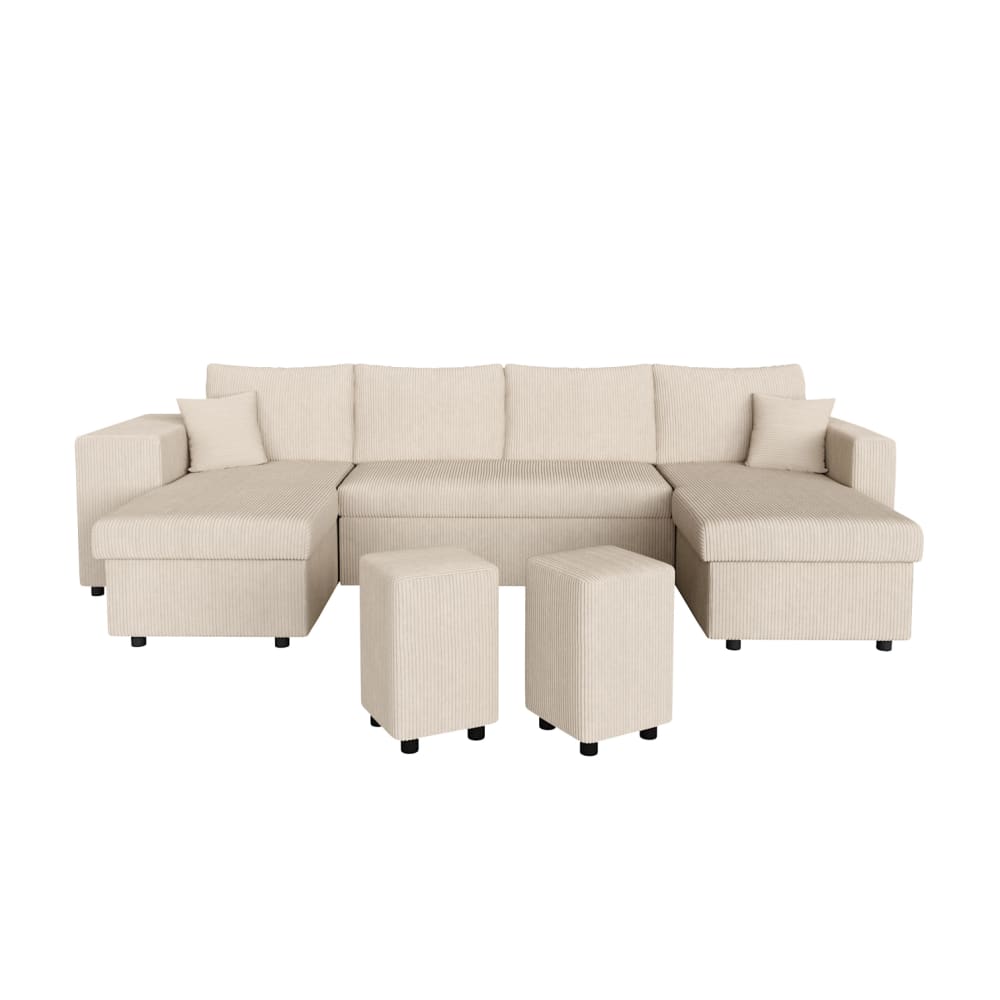 Canapé panoramique avec 2 poufs gauche en velours côtelé - Beige