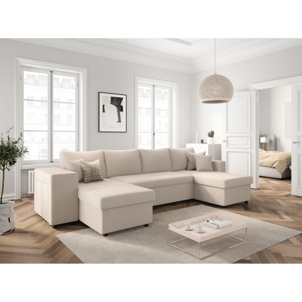 Canapé panoramique avec 2 poufs gauche en velours côtelé - beige