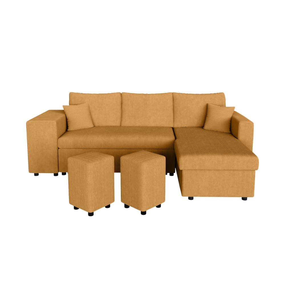 Canapé convertible avec 2 poufs gauche en velours côtelé - Jaune