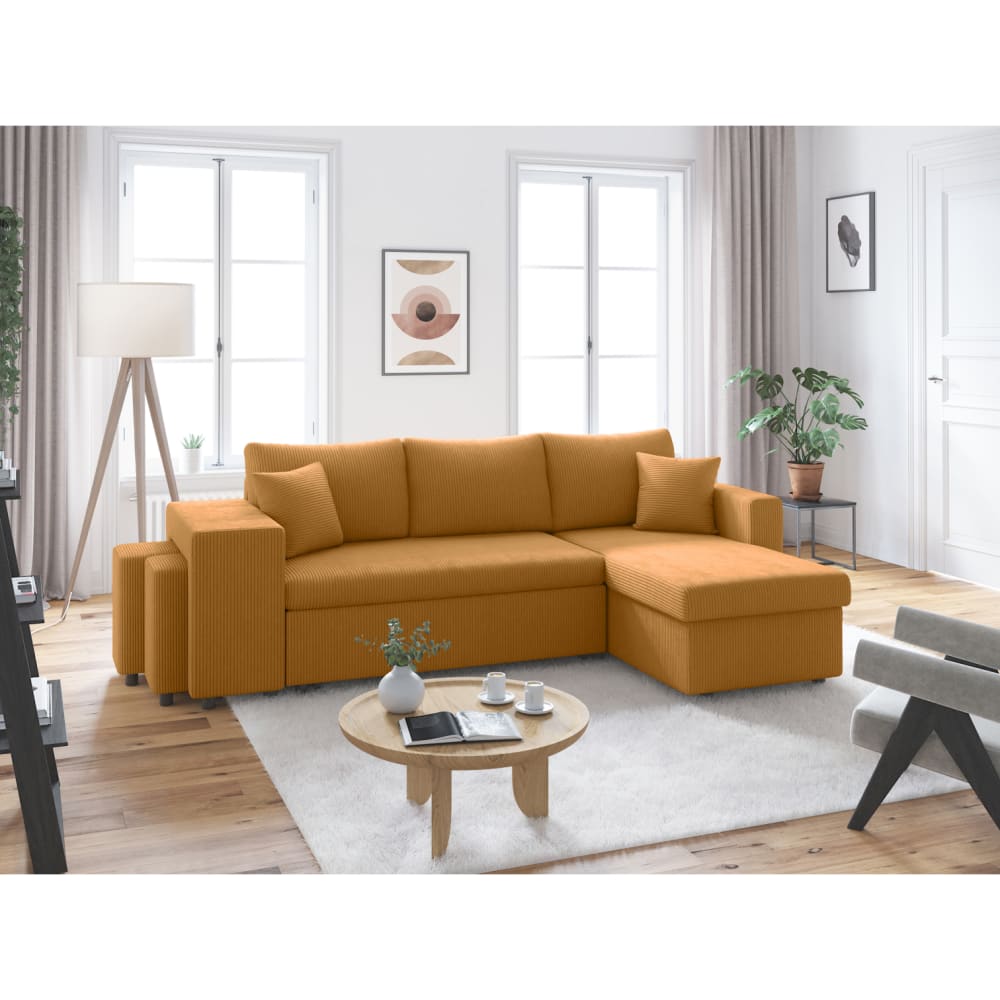 Canapé convertible avec 2 poufs gauche en velours côtelé - Jaune