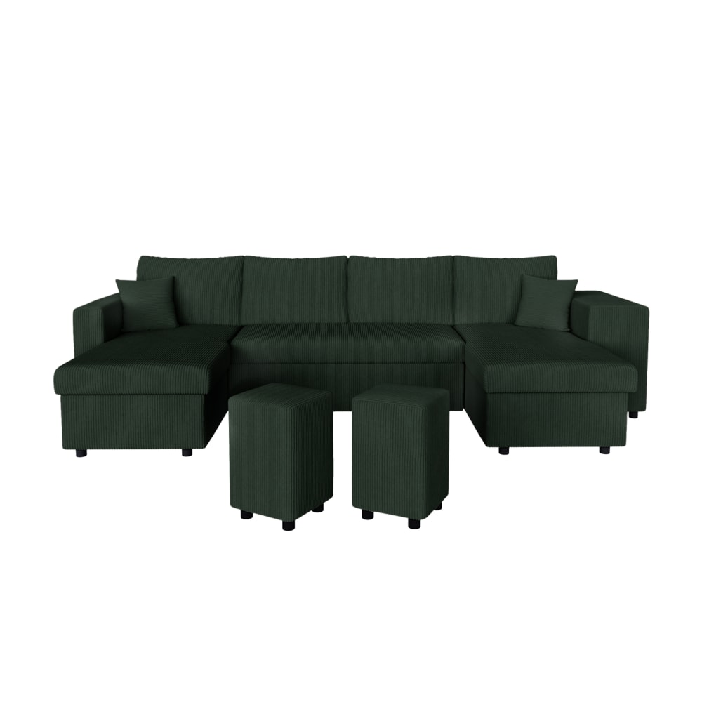 Canapé panoramique avec 2 poufs droit en velours côtelé - Vert