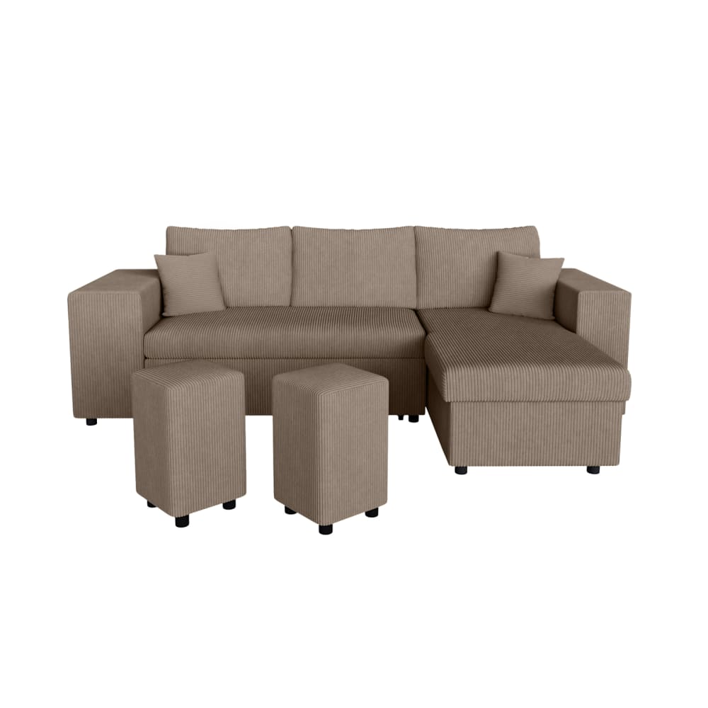 Canapé convertible 2 poufs gauche et étagère en velours côtelé - Taupe