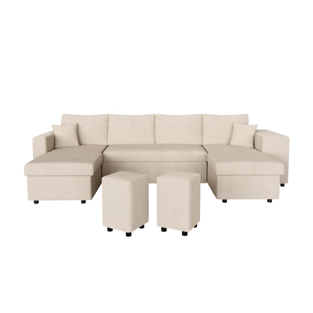 Canapé panoramique avec 2 poufs droit en velours côtelé - Beige
