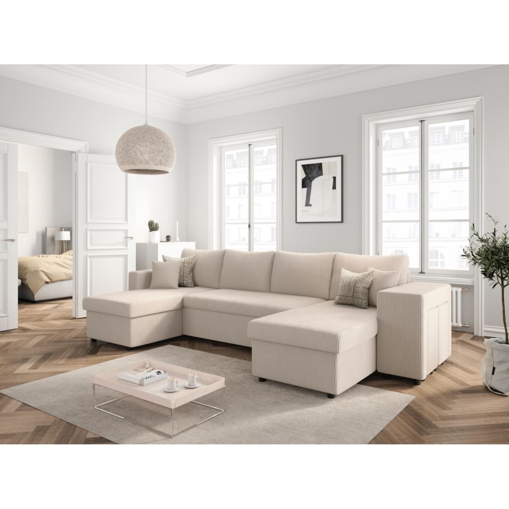 Canapé panoramique avec 2 poufs droit en velours côtelé - beige - Maisons du Monde