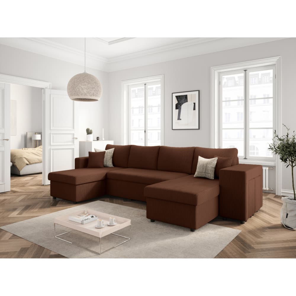 Canapé panoramique avec 2 poufs droit en velours côtelé - Marron