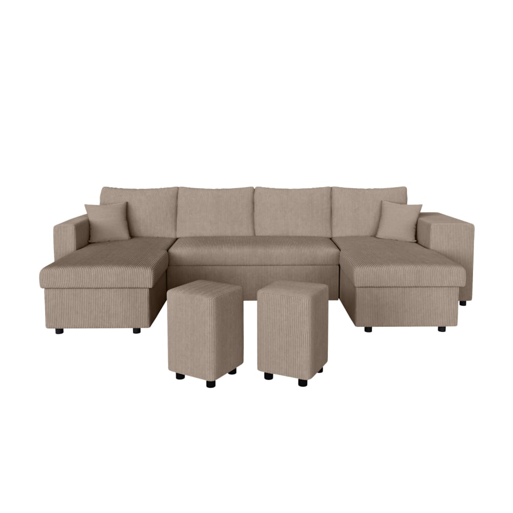 Canapé panoramique avec 2 poufs droit en velours côtelé - Taupe