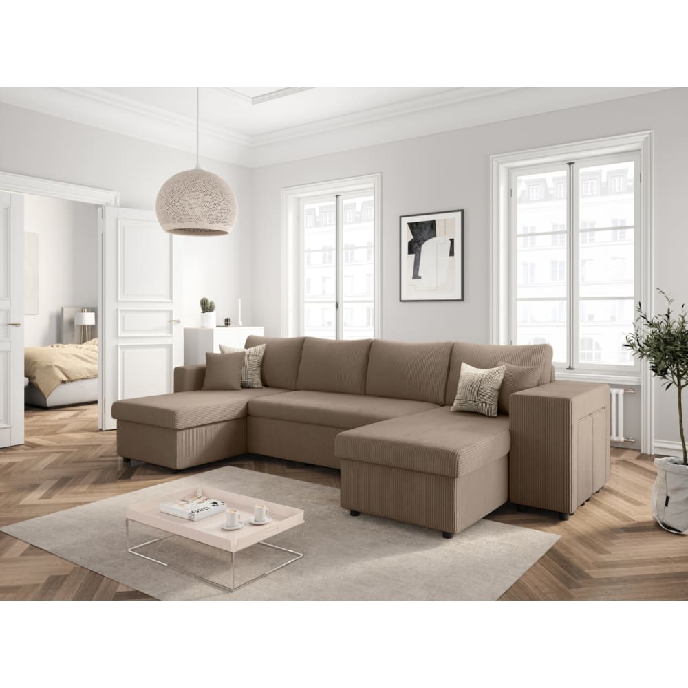 Canapé panoramique avec 2 poufs droit en velours côtelé - Taupe