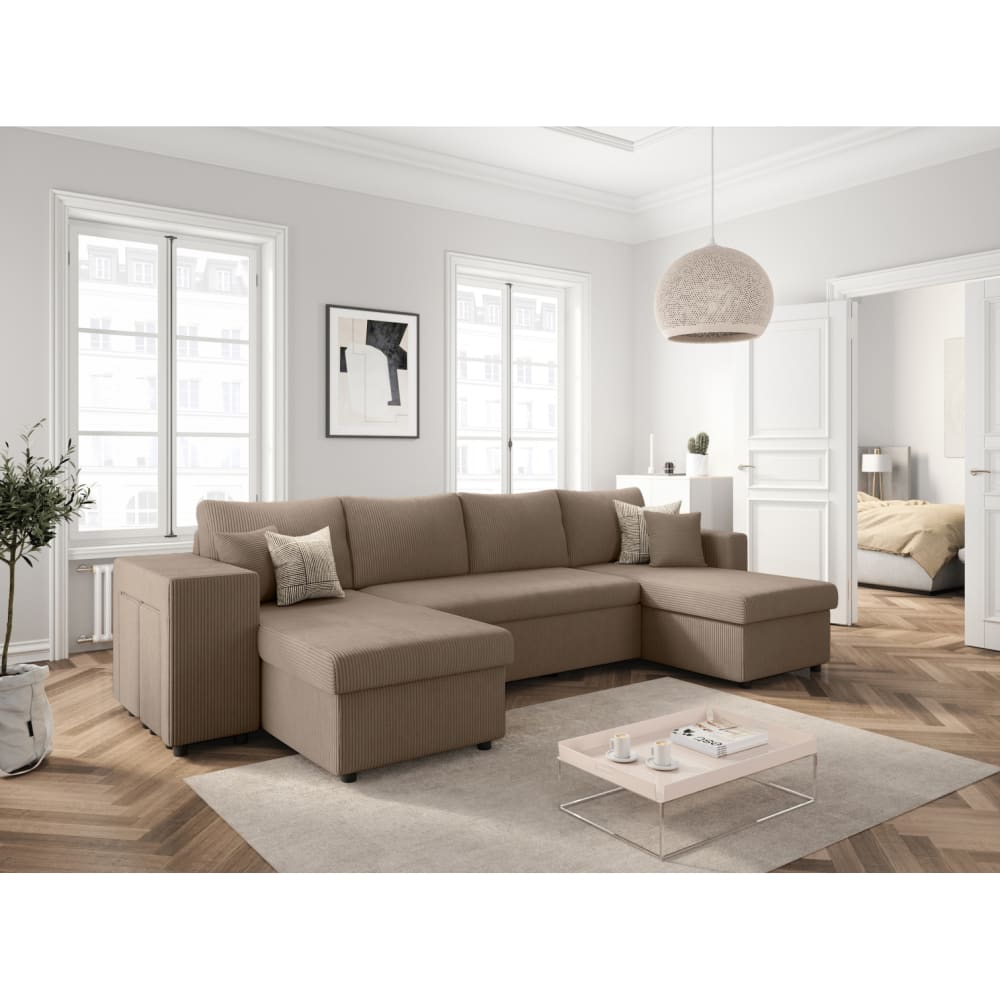 Canapé panoramique avec 2 poufs gauche en velours côtelé - Taupe