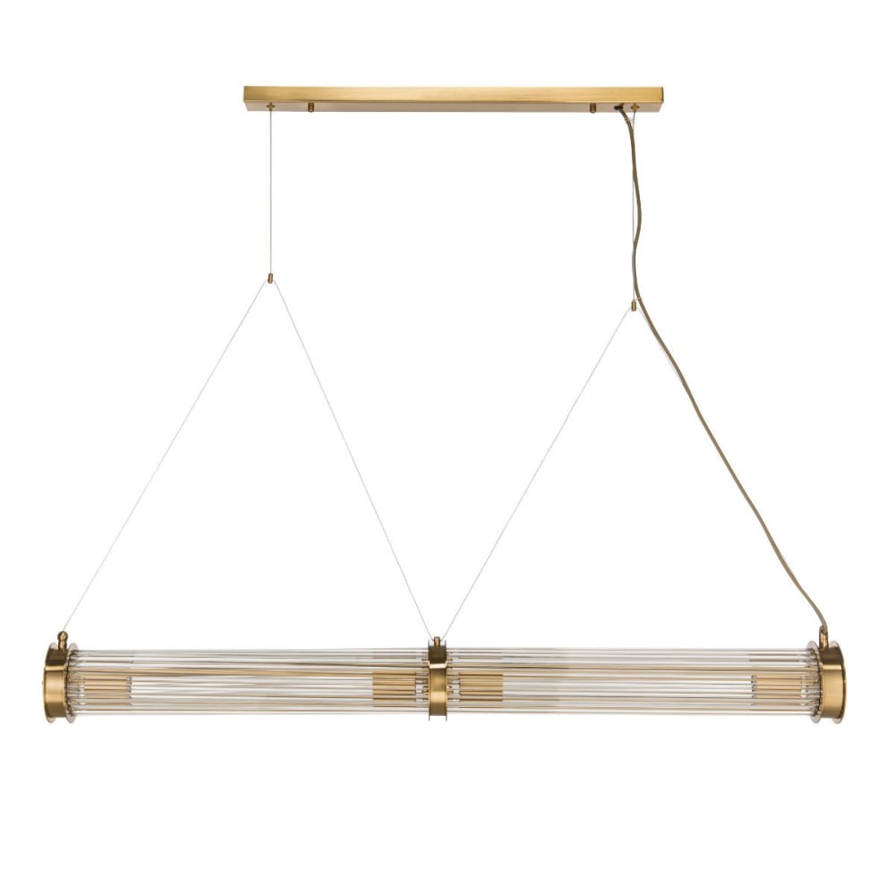 Lustre tube double en verre et métal galvanisé doré - H120 cm