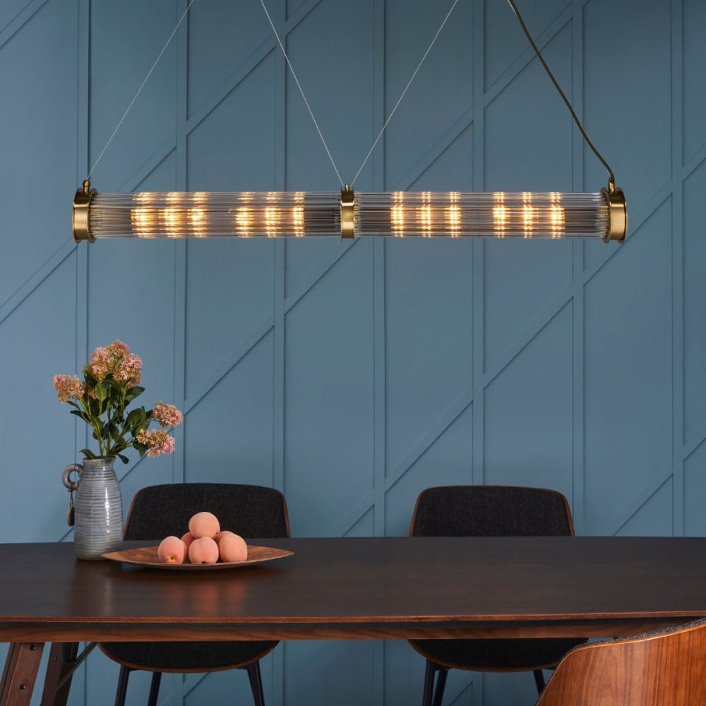 Lustre tube double en verre et métal galvanisé doré - h120 cm — vue 3
