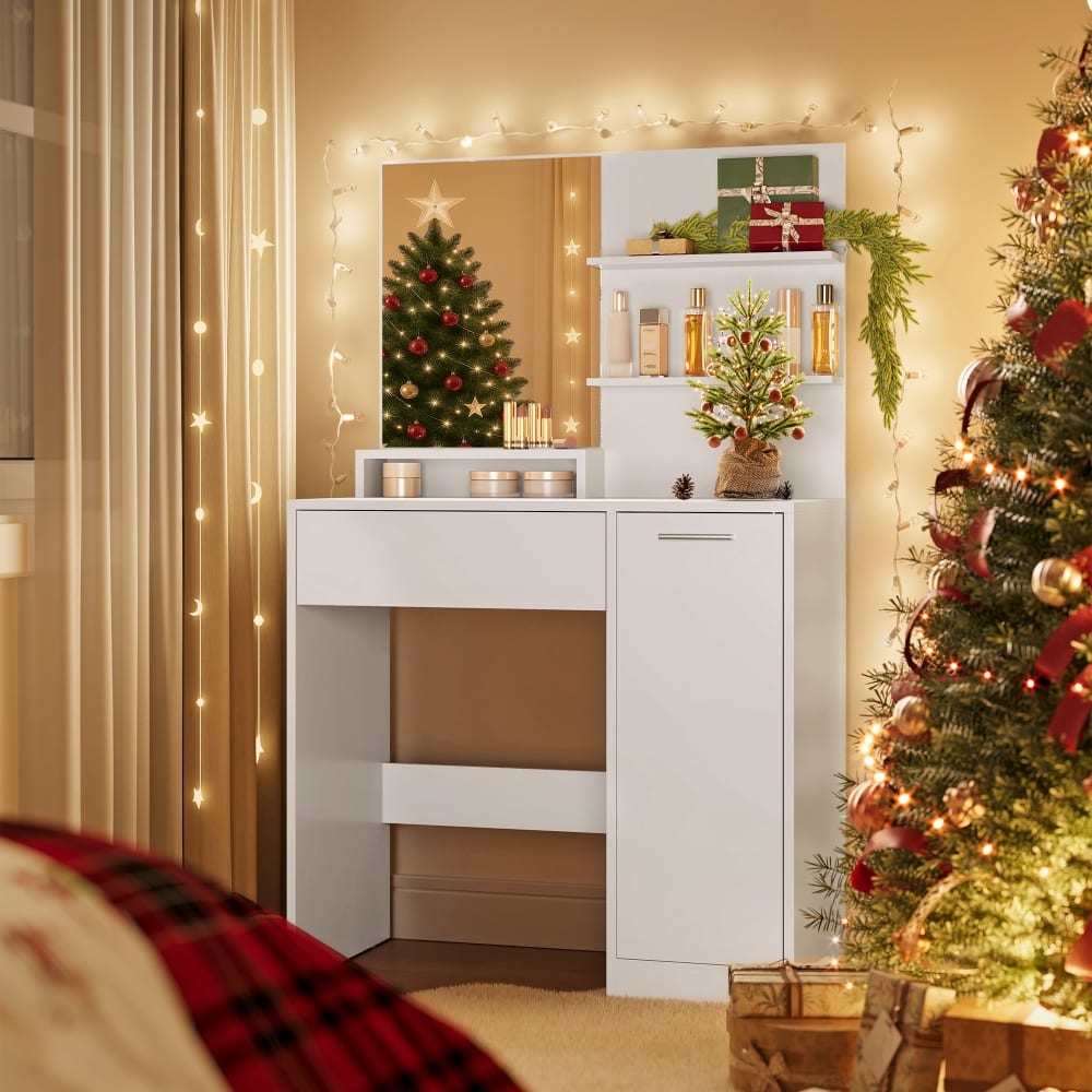 Coiffeuse avec tabouret miroir et porte blanc