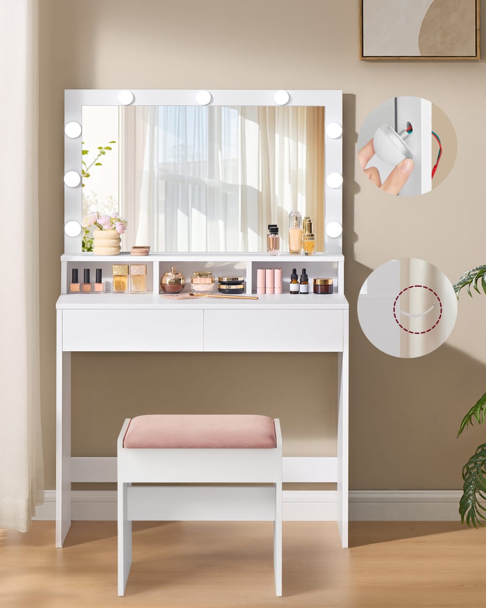 Coiffeuse avec miroir et tabouret ensemble blanc - Maisons du Monde