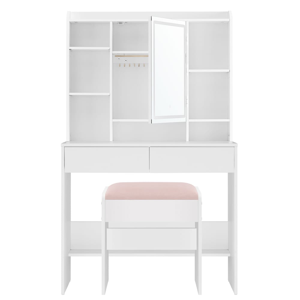 VASAGLE Ensemble coiffeuse avec miroir et tabouret blanc style contemporain Blanc Panneau De Particules - 90x145x40cm