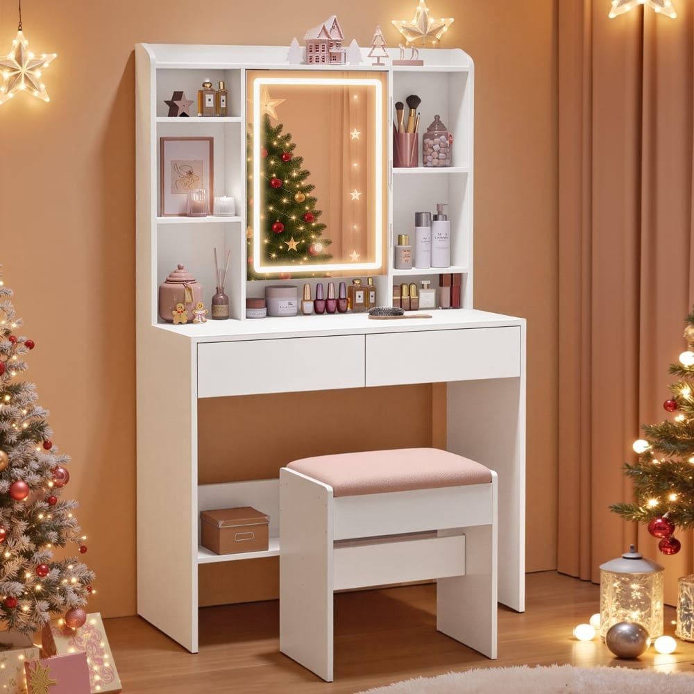 Coiffeuse avec miroir éclairage 2 tiroir et tabouret blanc