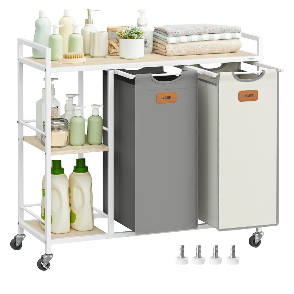 VASAGLE Panier à linge avec 2 compartiments chariot 200 l gris et beige style industriel - Acier