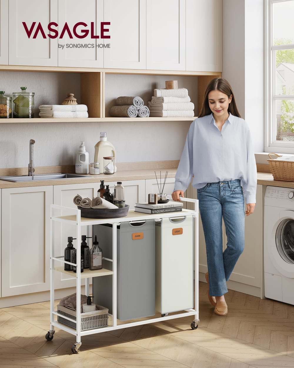 Panier à linge avec 2 compartiments chariot 200 l gris et beige
