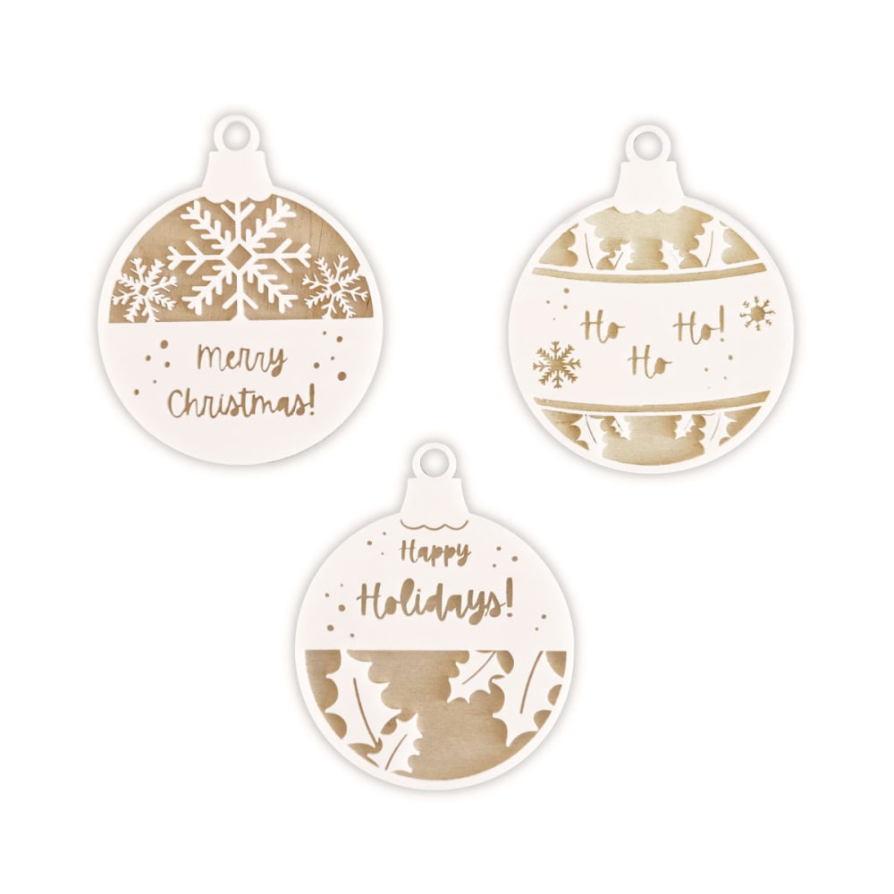 Bolas de navidad (set de 3) inscripciones navideñas madera y acrílico