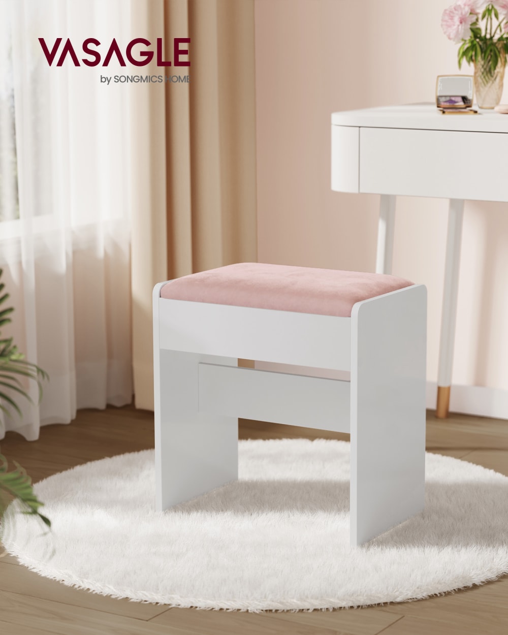 Tabouret de coiffeuse de maquillage rembourré en velours blanc et rose - Maisons du Monde