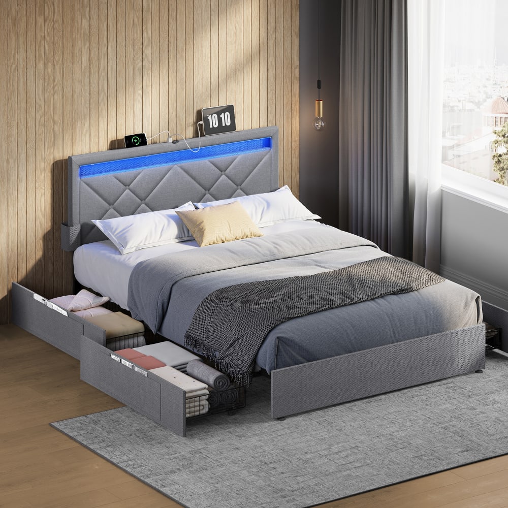 VASAGLE Cadre de lit double avec rangement 140 x 190 cm gris et noir style contemporain - Acier