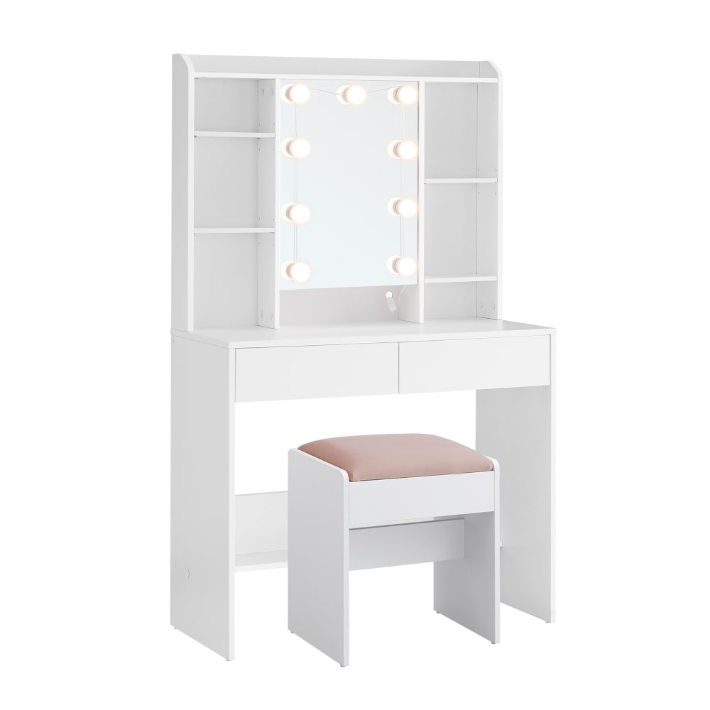 Coiffeuse avec miroir 2 tiroirs étagères et tabouret rembourré blanc