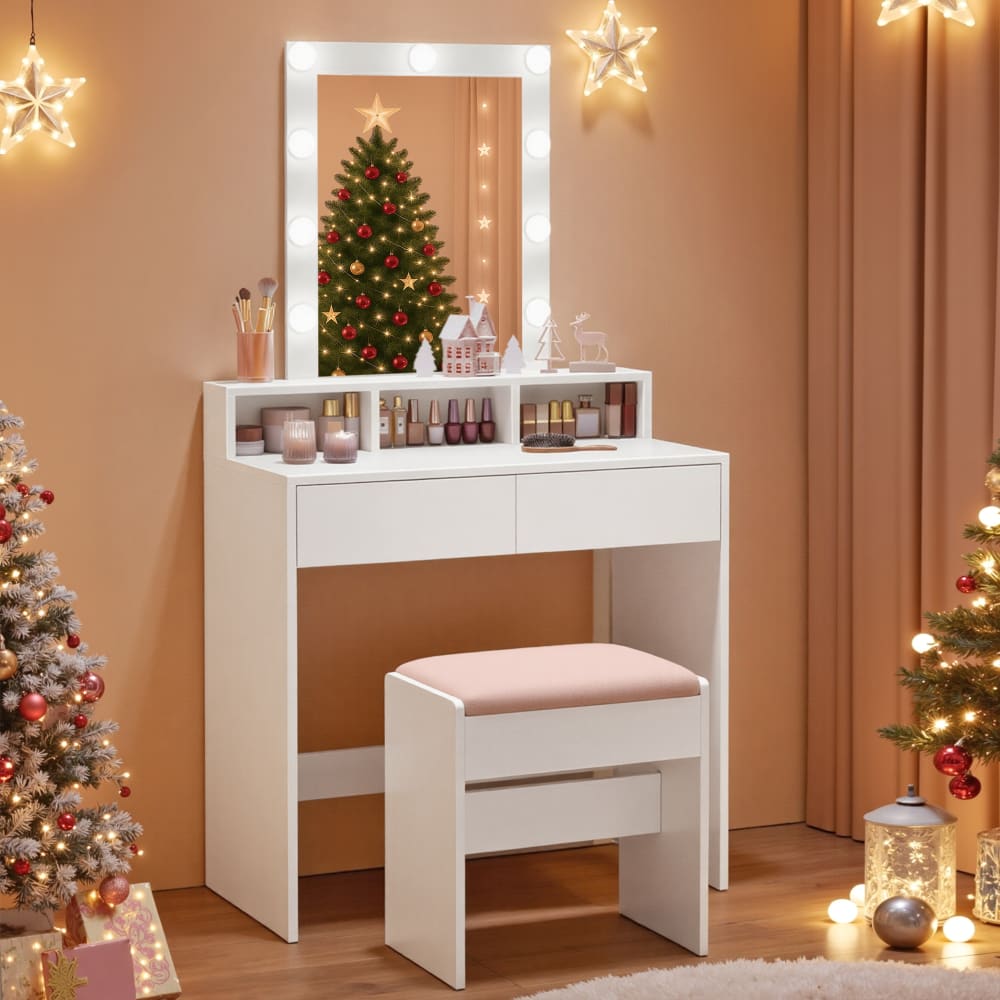 Coiffeuse avec miroir 2 tiroir et tabouret l 80 cm blanc - Maisons du Monde
