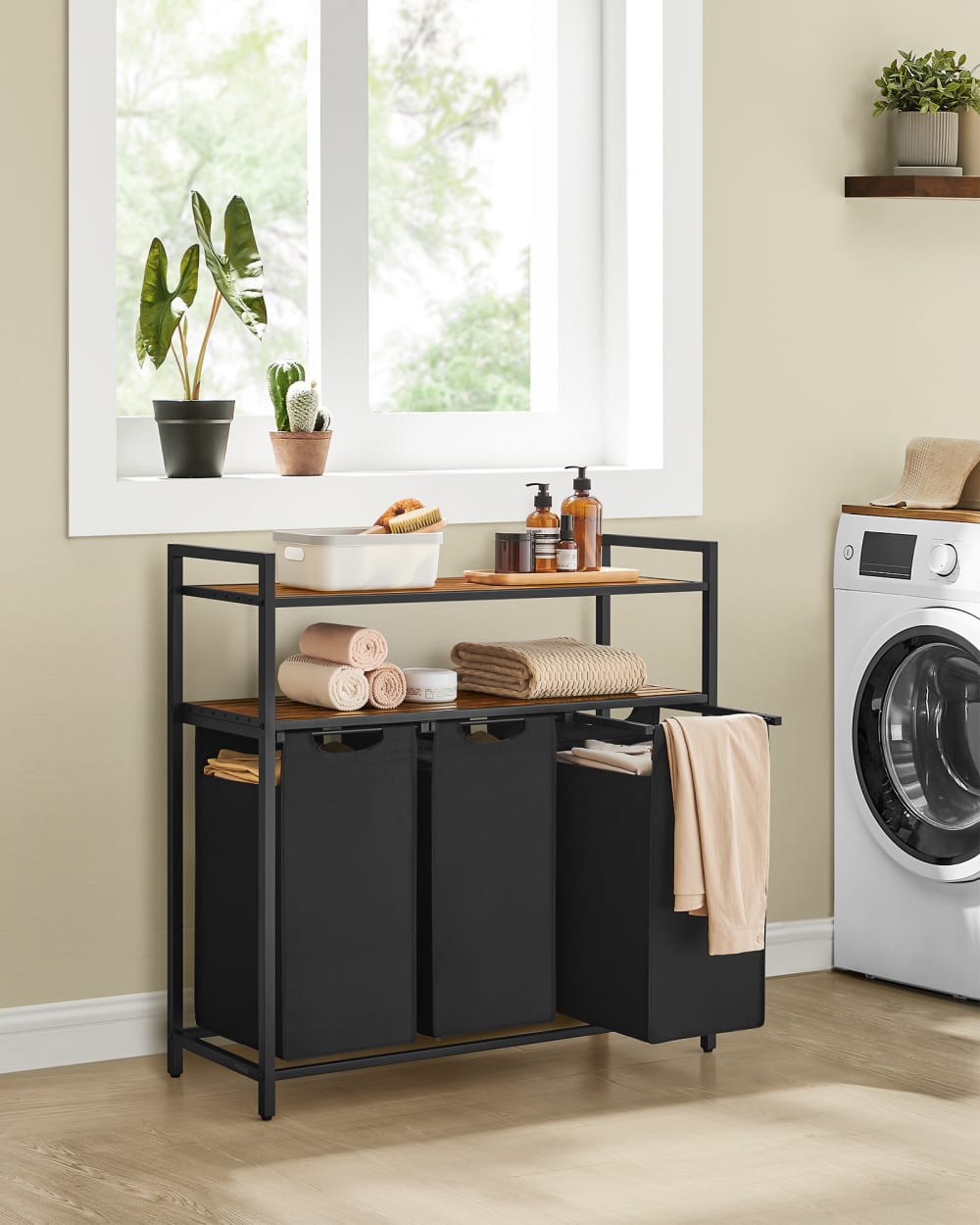 Panier à linge 3 compartiments 120 l 92.5 x 33 x 92 cm noir et marron