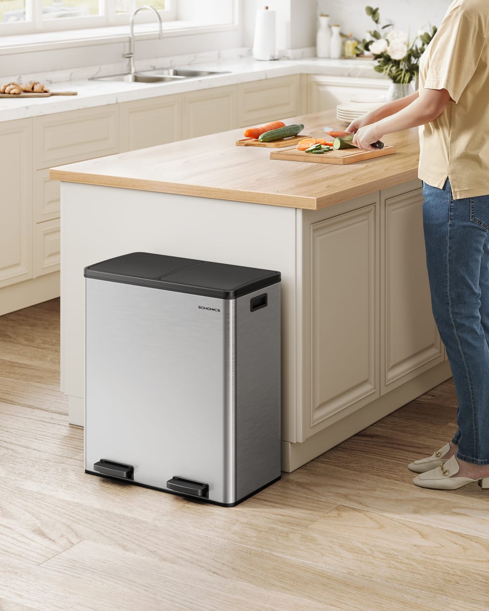 Poubelle cuisine poubelle de tri 2 x 30L argent et noir avec 15 sacs