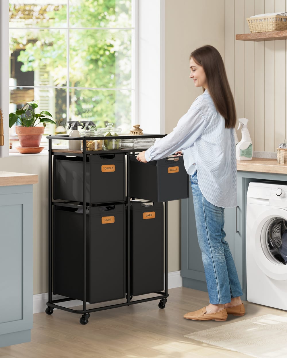 Tri du linge avec roulettes panier à linge 150 l noir et marron - Maisons du Monde