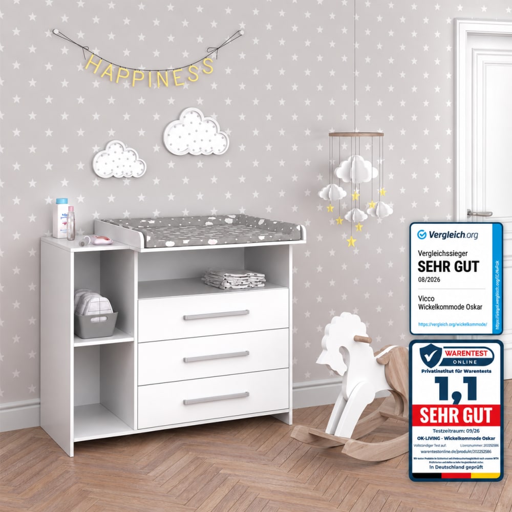Vicco Wickelkommode mit Schubladen, Weiß 113 x 100cm style modern WEISS SPANPLATTE Baby