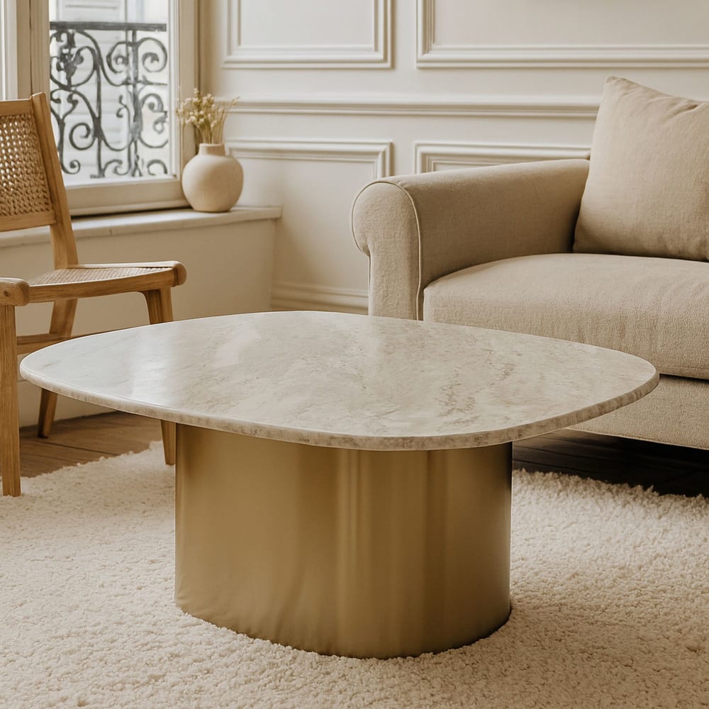 Table basse en marbre gris et pied en métal doré