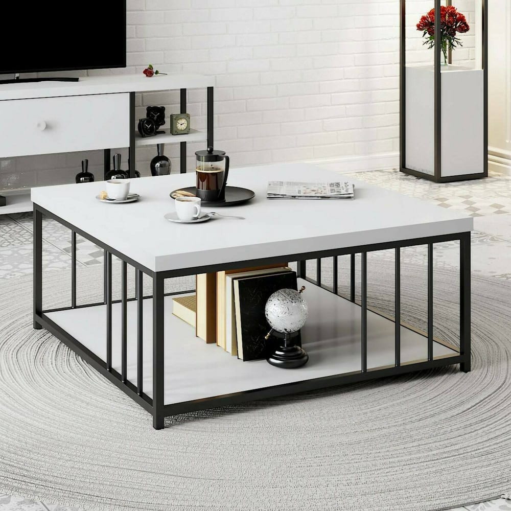 Wohnzimmertisch Holzeffekt weiß schwarz 90x90  cm - Maisons Du