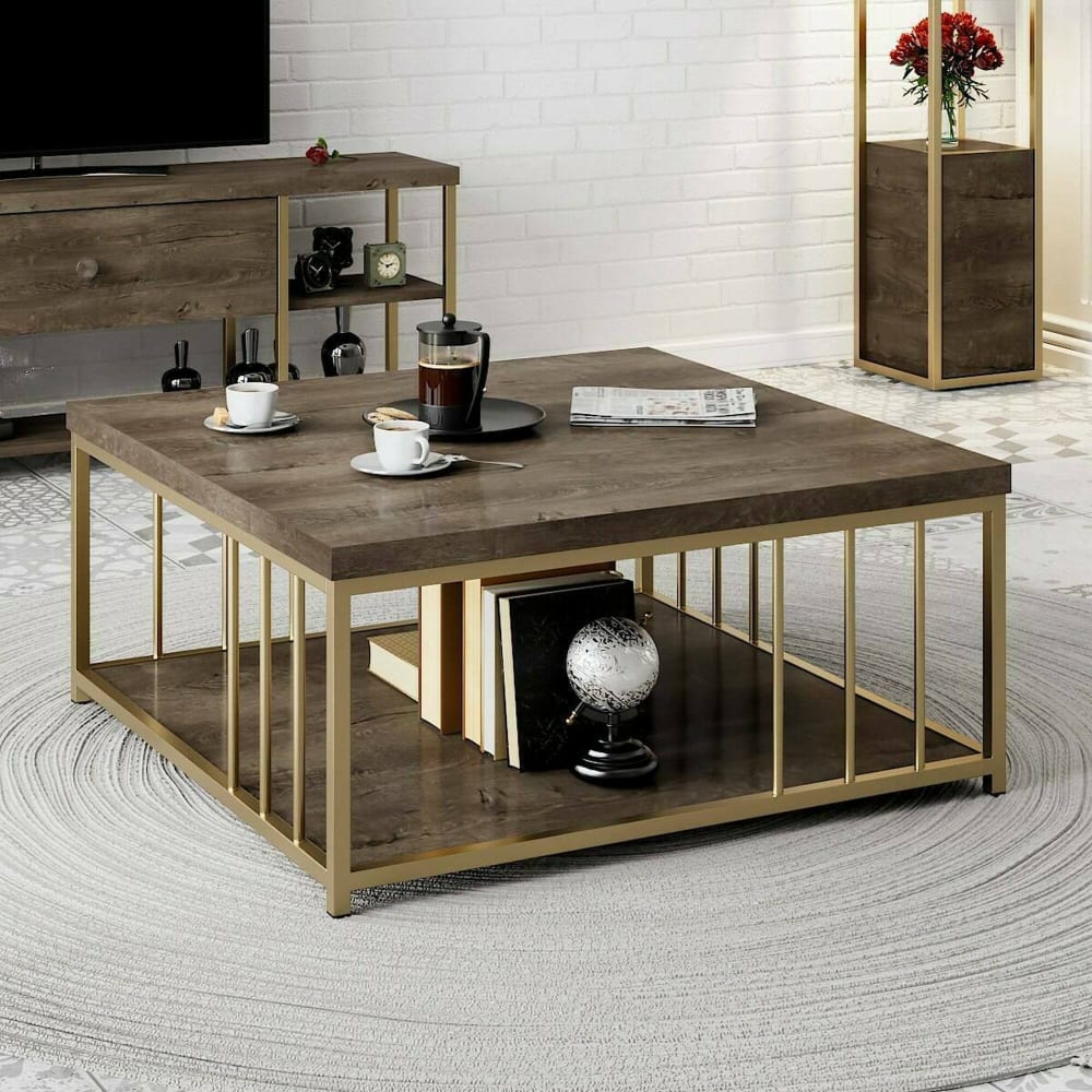 Table basse effet bois beige, or 90x90 cm - Maisons du Monde