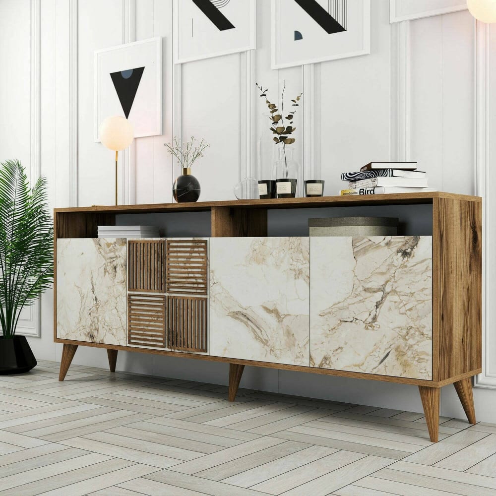 Konsolentisch Holzeffekt walnuss, weißer marmor 180x35 cm -