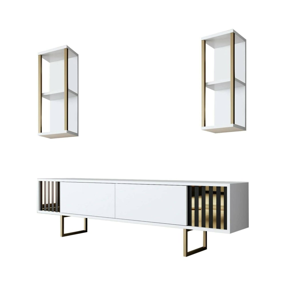 Meuble TV effet bois blanc noir 180x30  cm