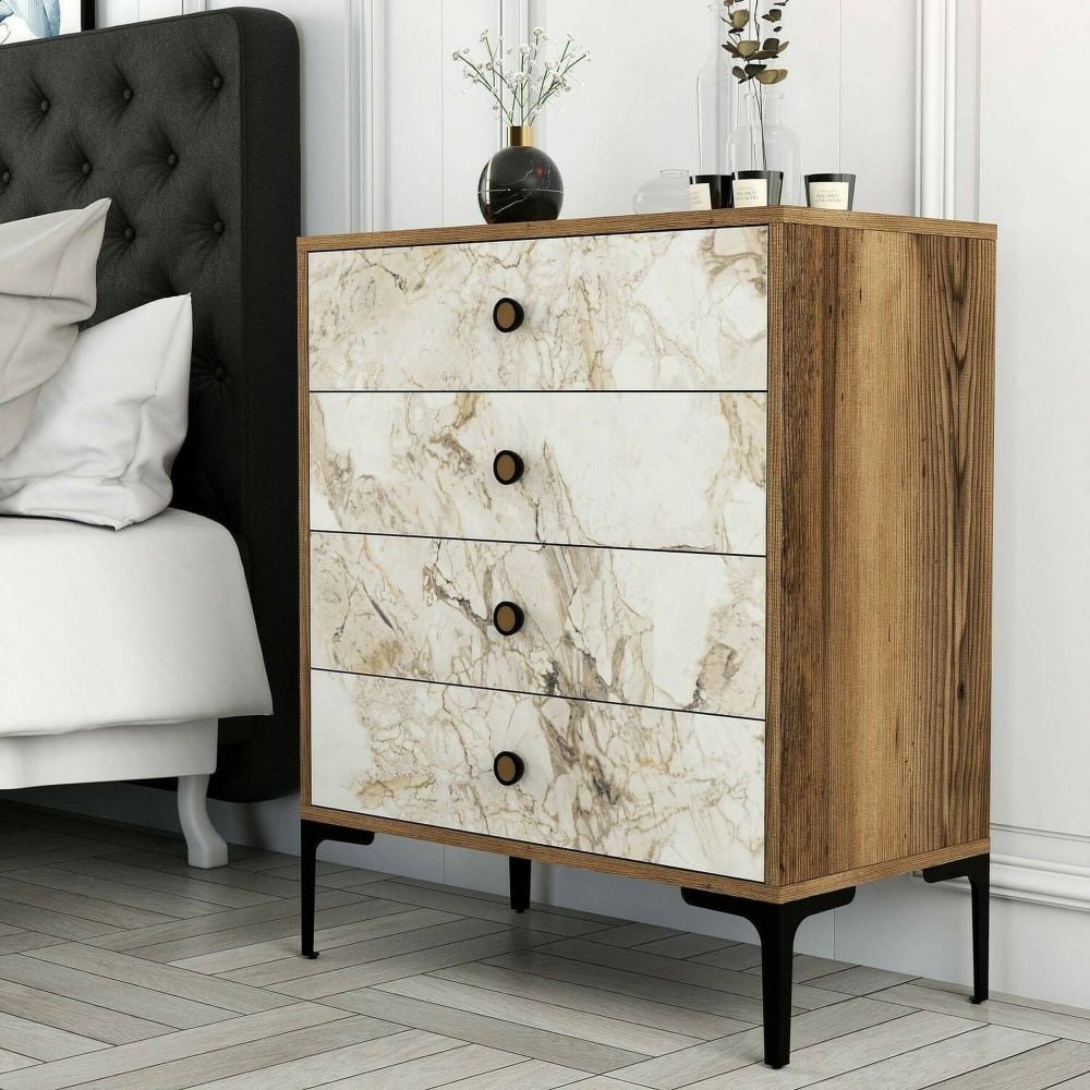 Commode effet bois beige, marbre blanc 76x40 cm - Maisons du Monde