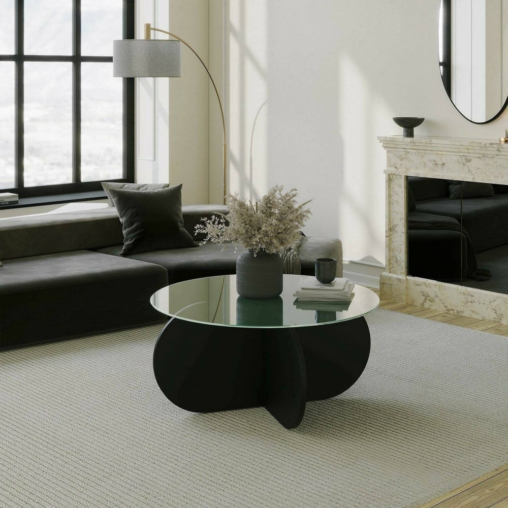 Table basse salon en bois mélaminé noir 75x75x35h cm - Maisons du Monde