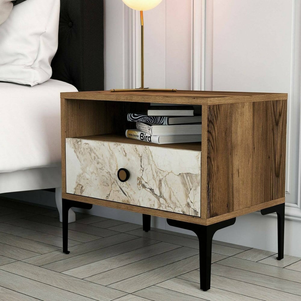 Chevet effet bois beige, marbre blanc 56x40  cm