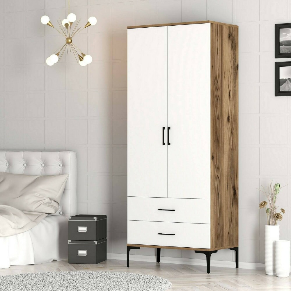Armoire 2 portes effet bois beige, blanc 80x201 cm - Maisons du Monde