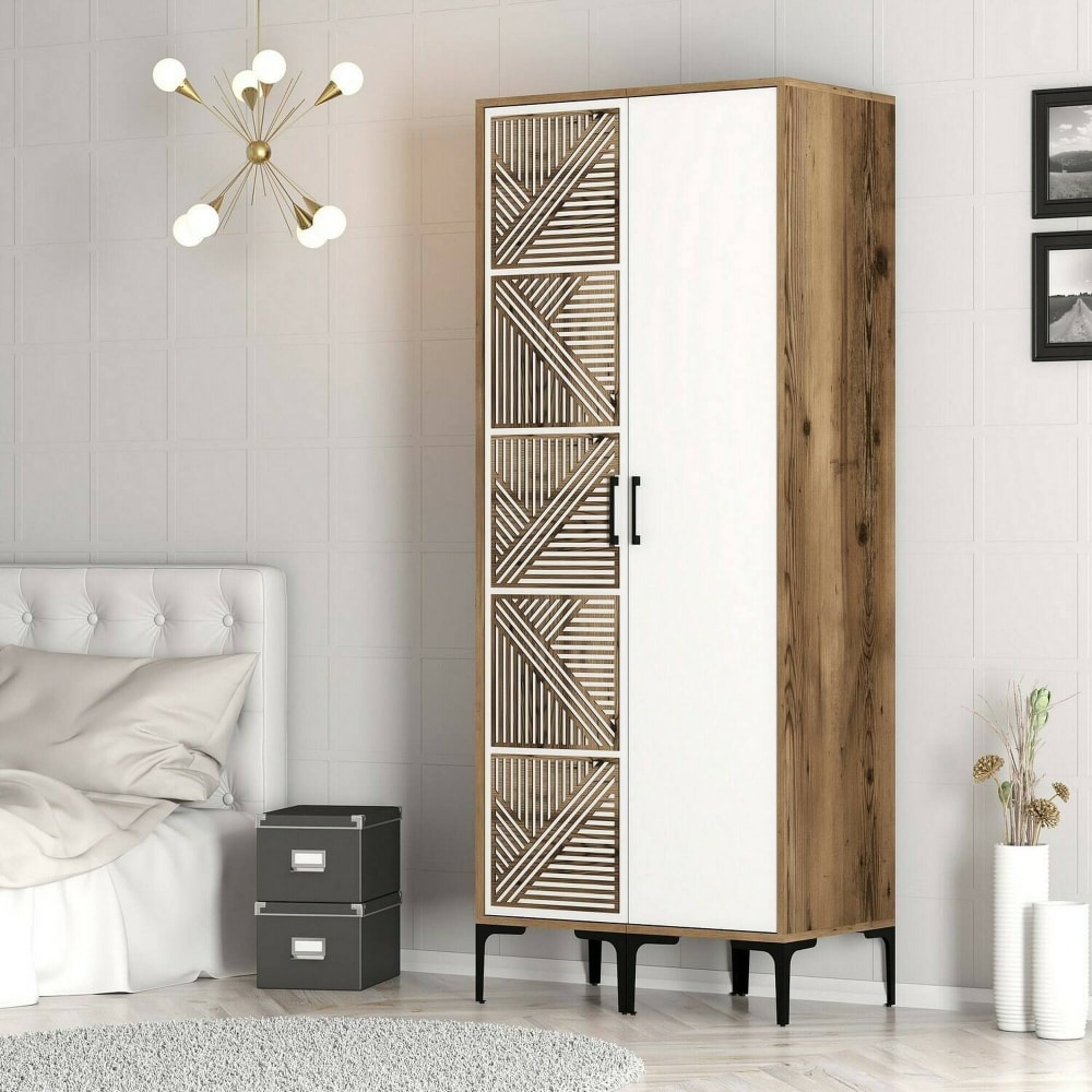 Kleiderschrank 2 Türen Holzeffekt walnuss, weiß 80x201  cm -