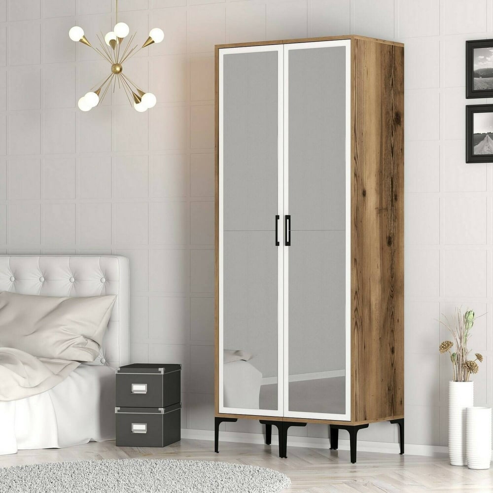 Armoire 2 portes effet bois beige, blanc 80x201  cm