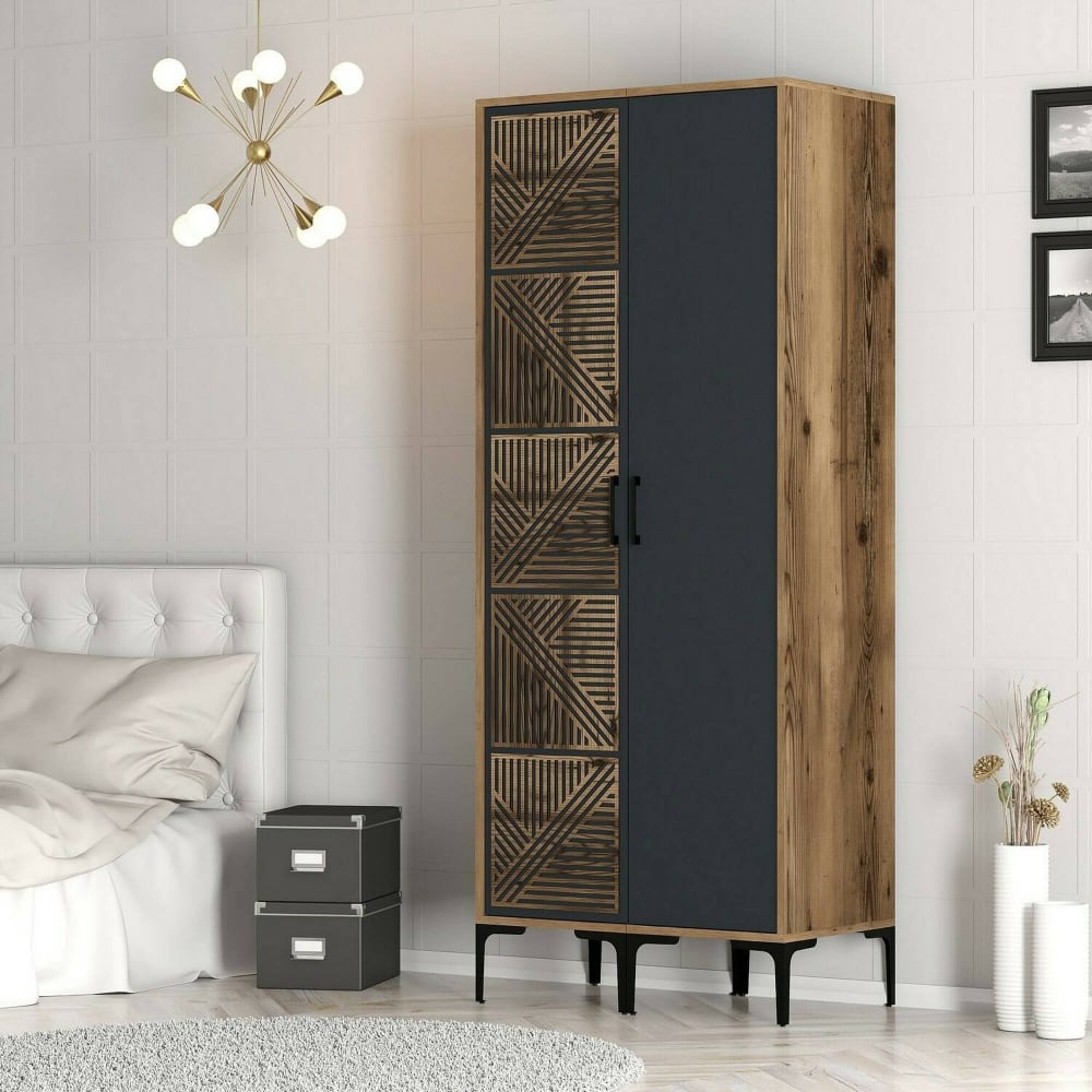 Kleiderschrank 2 Türen Holzeffekt walnuss, anthrazit 80x201  cm -