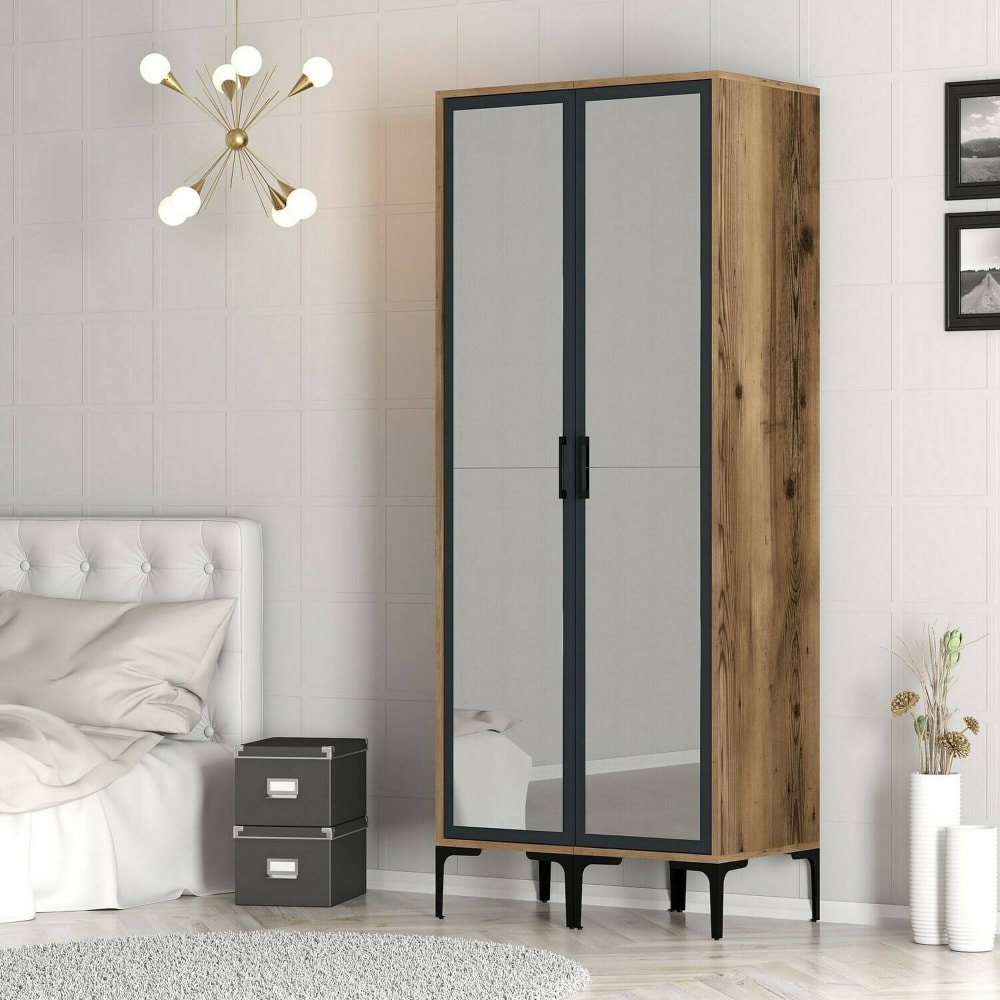 Kleiderschrank 2 Türen Holzeffekt walnuss, anthrazit 80x201 cm -