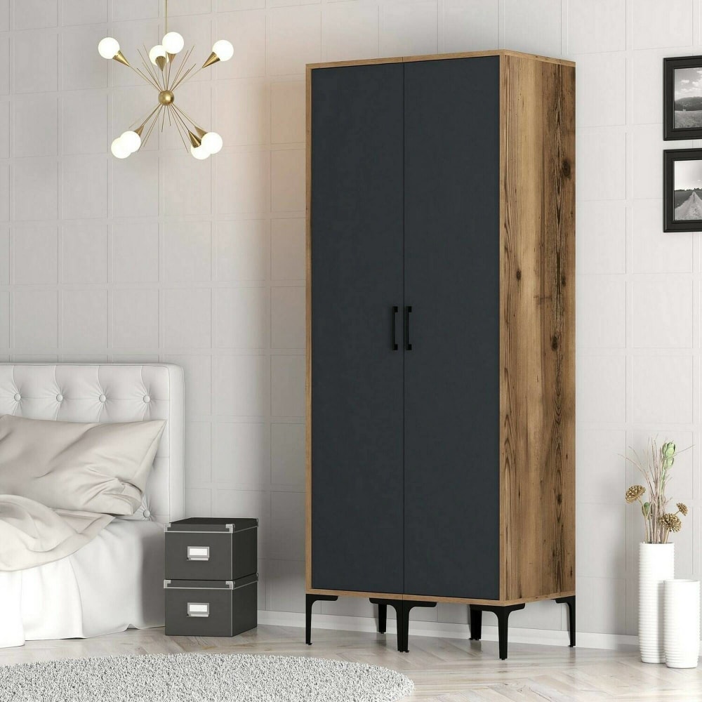 Kleiderschrank 2 Türen Holzeffekt walnuss, anthrazit 80x201  cm -