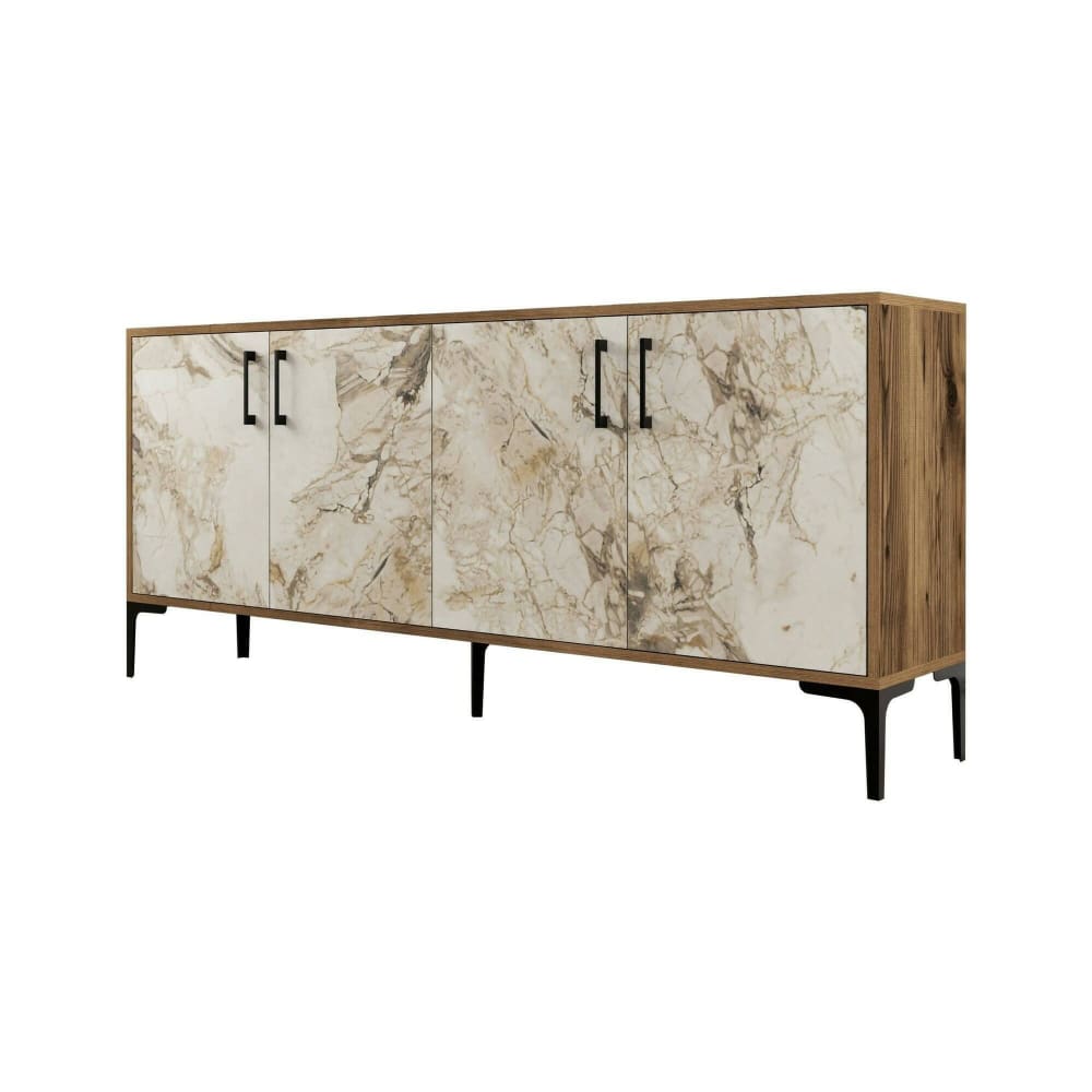 Buffet effet bois beige, marbre blanc 180x35 cm