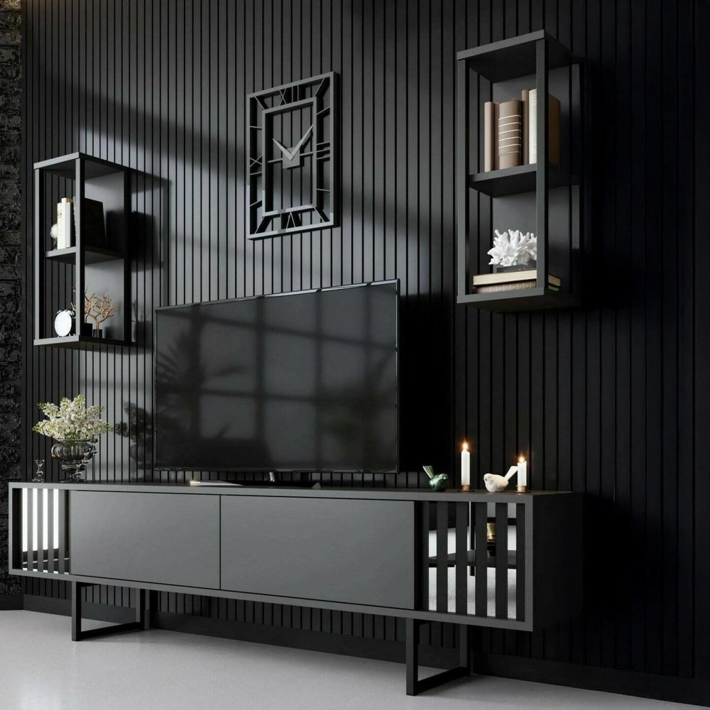 Meuble tv effet bois anthracite, noir 180x30  cm