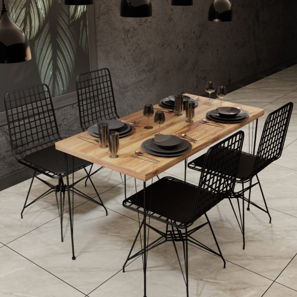 Concept Usine Essgruppe Tisch und Stühle Industrie Holz und Schwarz style industrial Braun Spanplatte