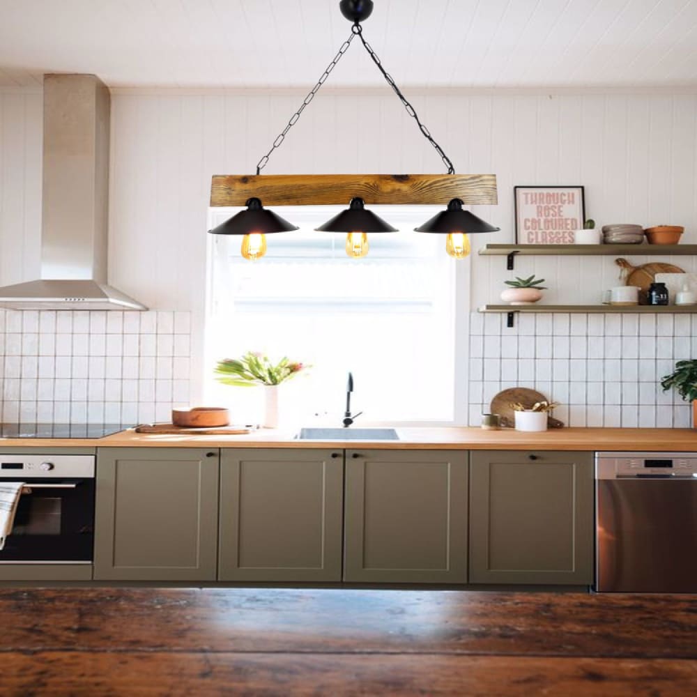 Concept Usine Rustikale Hängelampe mit 3 Lampen aus Holz und schwarzem Metall style modern Braun Holz