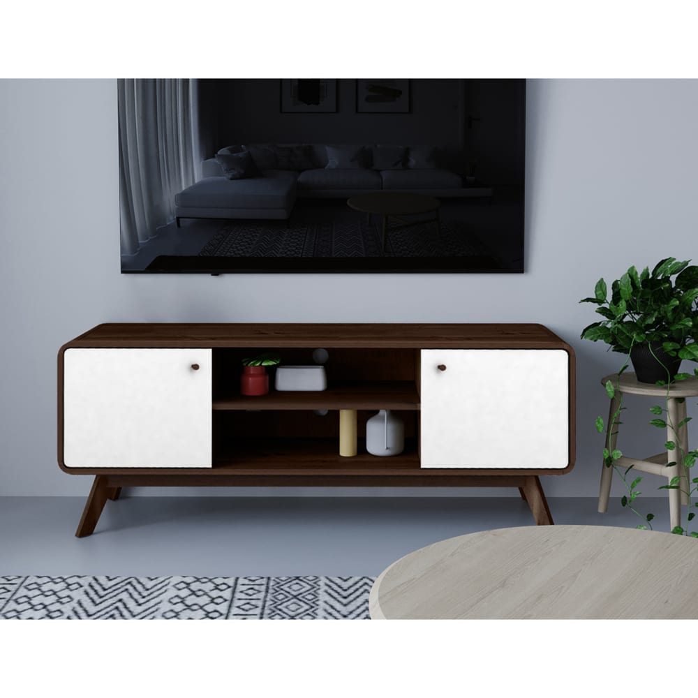 mueble de tv con 2 puertas en efecto de nogal blanco