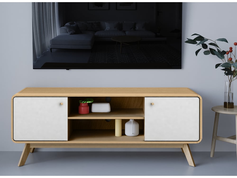 mueble de tv con 2 puertas en efecto de roble blanco